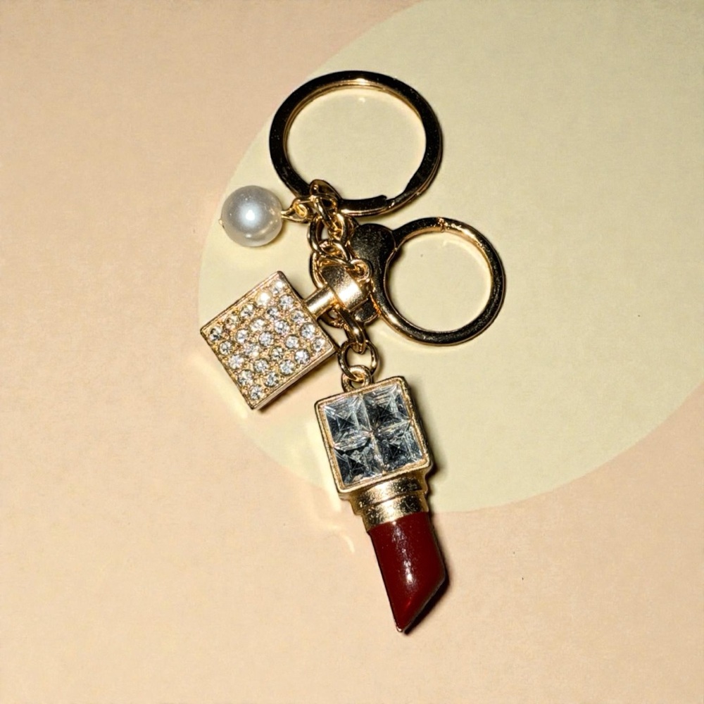 Gold and Dark Red Lipstick in Gold Tone Keychain